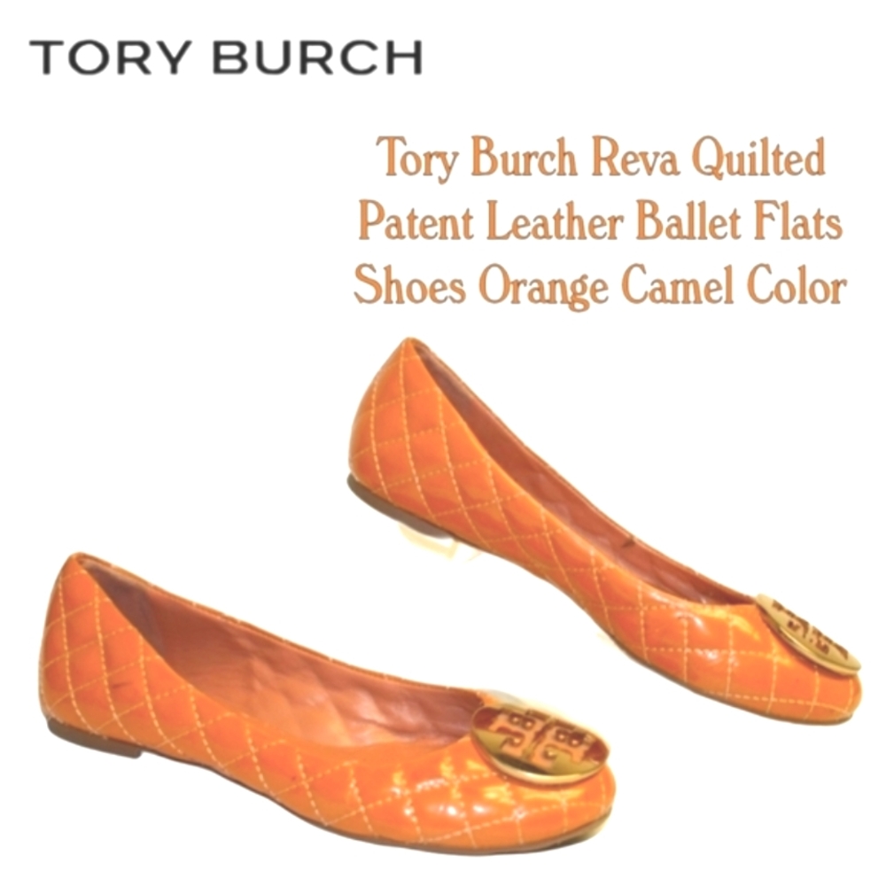 Tory Burch Reva Quilted Patent Leather Ballet Flats Orange Camel Brown Vachetta - Picture 2 of 10